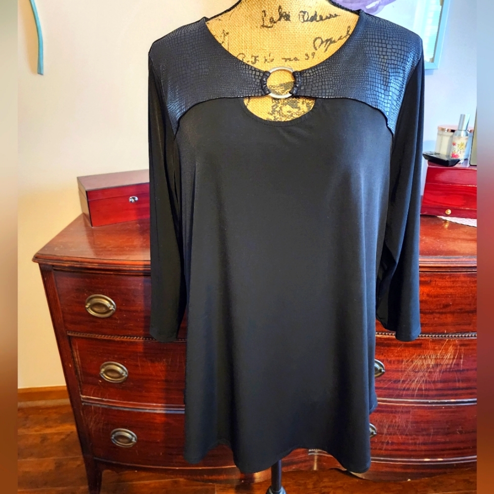 JM Collection Black On Black Tunic Top w/Embellished Closure